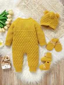 SHEIN Vintaside Kids 女婴纯色圆领插肩袖单排扣休闲针织连体衣，秋冬 - 芥末黃 - 查看 2