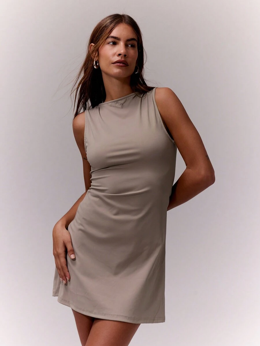 MUSERA 斜领A字迷你连衣裙 春季性感可爱夏季 - 灰色 - 查看 1