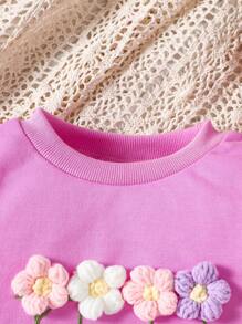 2 pièces/Set Ensemble sweat-shirt et pantalon imprimé floral adorable pour bébé fille, automne hiver - Rose vif - Voir 4