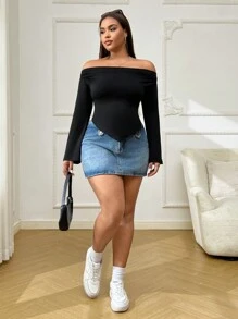 SHEIN EZwear Plus Size Women Spring Summer Solid Asymmetrical Hem Casual Off Shoulder T-Shirt Top