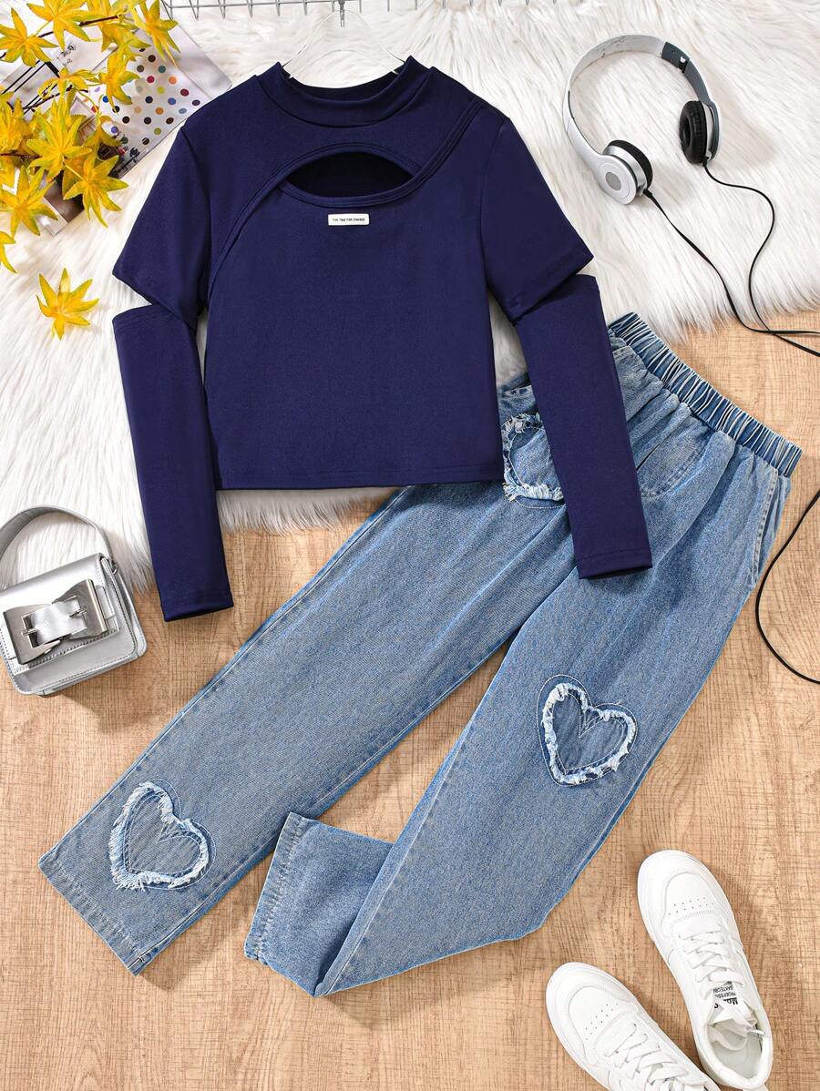 2 piezas/Set Conjunto informal para niñas preadolescentes con camiseta de manga larga hueca 2 en 1 y pantalones vaqueros con parche en forma de corazón - Azul - Ver 1