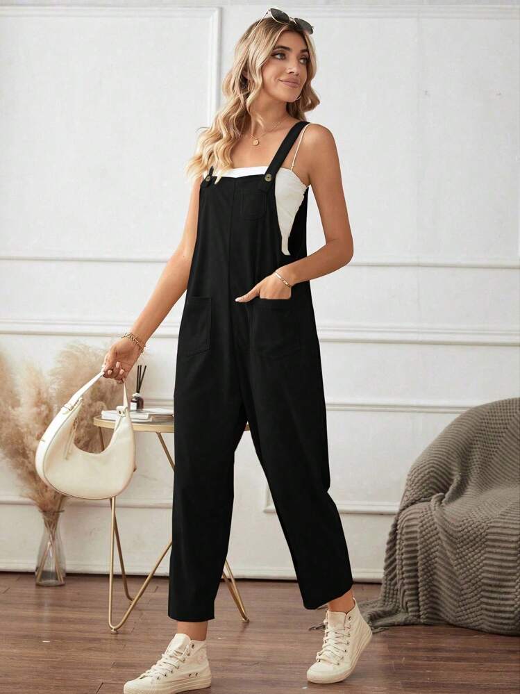 SHEIN ChicEase Stevige overall met zak en patch, zonder cami-top - Zwart - Bekijken 1