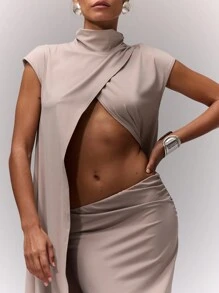 MUSERA High Neck Longline Split Front Top Summer Holiday Ibiza Open Front Slinky Graduation Wedding Guest Autumn Fall Going Out Tops