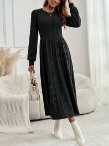 EMERY ROSE Women Spring & Summer Fall Solid Color Round Neck Long Sleeve Rib Casual Midi Winter Autumn Dress