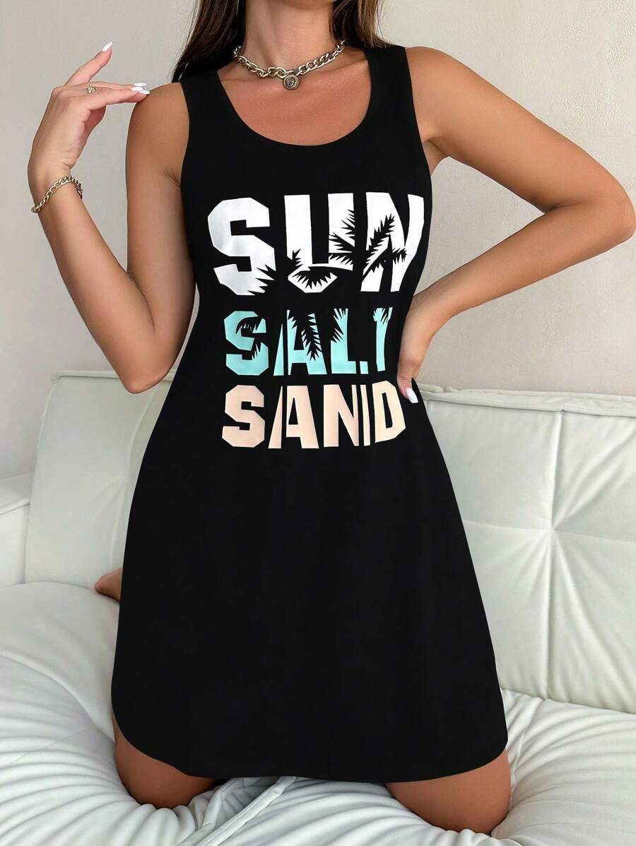 SHEIN 女士字母与椰子树剪影印花吊带睡袍 - 黑色 - 查看 1