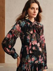 Anewsta Women Fall Gloomy Style Floral Print Dress Maxi Women Outfit - Multicolor - View 6