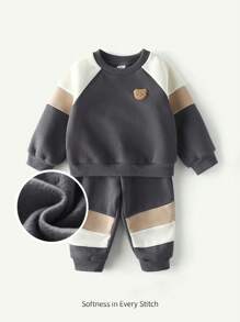 Cozy Pixies 2pcs/Set Baby Boy Contrast Color Round Neck Raglan Sleeve Pullover Sweatshirt And Elastic Waist Pants Outfit