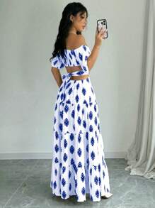 Elenzga Vestido largo de verano de mujer con estampado, hombros descubiertos, cordón en la cintura y diseño hueco