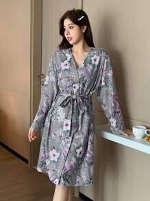 DAZY 花卉印花蕾丝拼布吊带睡袍和睡袍两件套睡衣套装 - 卡其色 - 查看 3