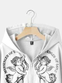 SHEIN CURVE+ Plus Size Women's Slogan & Figure Graphic Drop Shoulder Zip Up Sweatshirt - White - View 4