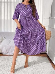 Franclia 大码女式夏季花卉印花系带短袖荷叶边下摆连衣裙 - 紫色 - 查看 6