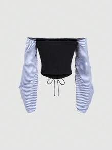 Sweetra 1pc Off-Shoulder Striped Patchwork Tie-Front Top Fall Cloth For Women