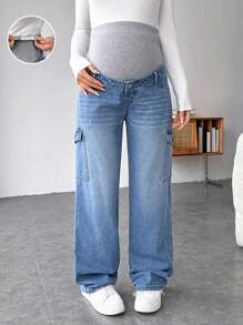 SHEIN 孕妇休闲宽松直筒工装牛仔裤 - 彩色 - 查看 1