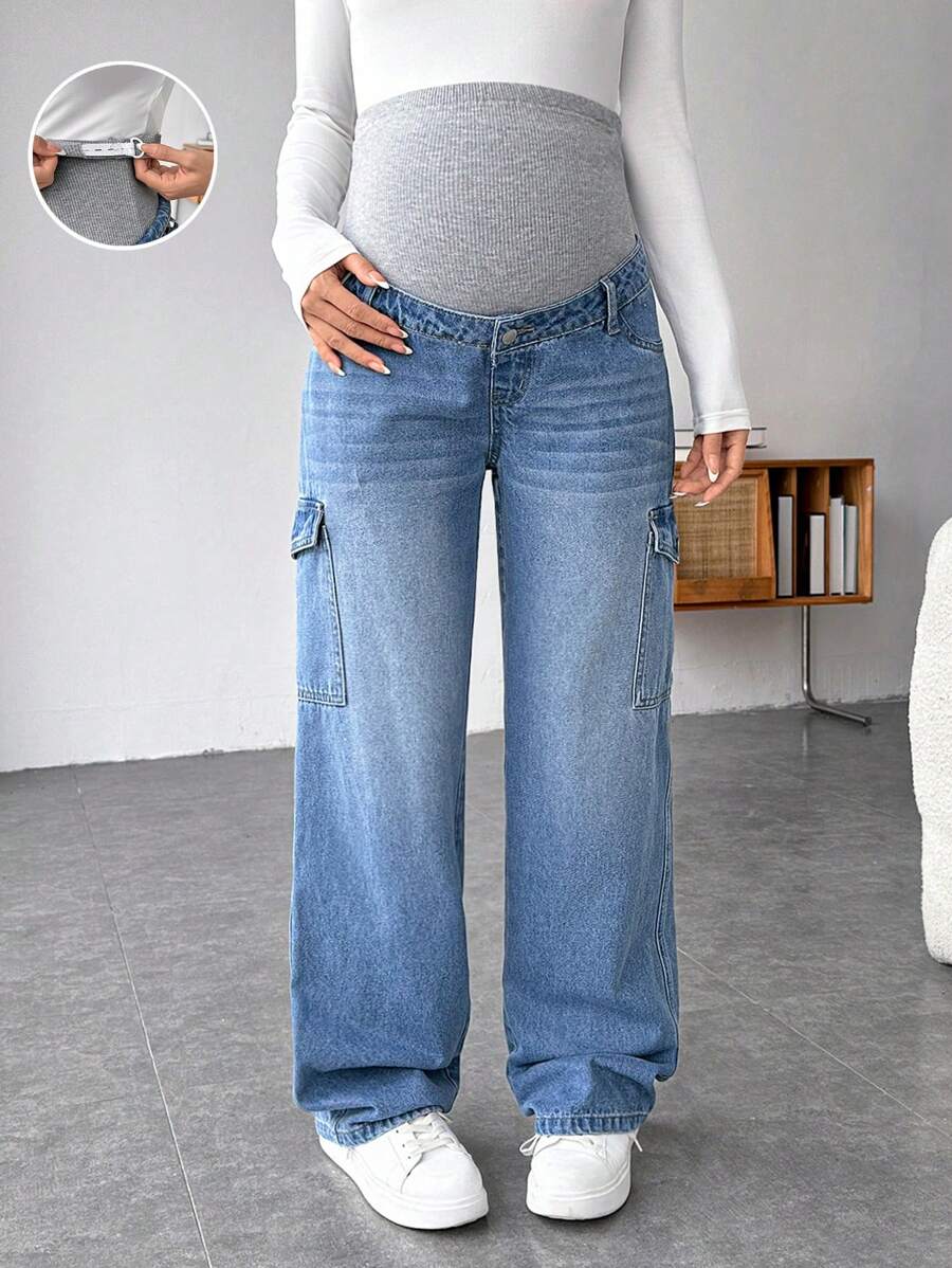 SHEIN 孕妇休闲宽松直筒工装牛仔裤 - 彩色 - 查看 1