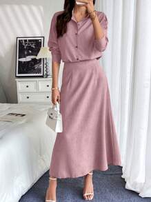 Chiquease 2 件套亚麻宽松休闲衬衫和裙子 - 粉色 - 查看 1