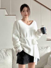 DAZY 女士宽松纯色长袖系带毛衣，秋季女装