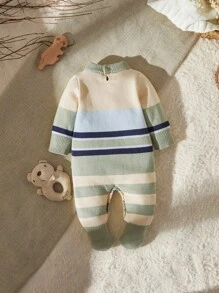 Bộ đồ liền quần len kẻ sọc cho bé trai, cổ tròn, tay dài, có chân, ấm áp và thoải mái cho mùa thu/đông, có sẵn màu mơ, xanh lam, xanh navy, xanh lá cây nhạt - Nhiều màu - Xem 7