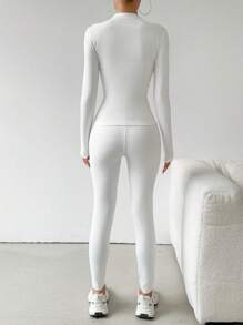 SHEIN EZwear Dames 2-delige effen kleur lange mouwen rits jas en legging casual set, lente herfst sportkleding