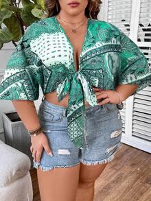 Breezaya Áo sơ mi tay cánh dơi in họa tiết hoa ngày lễ cỡ lớn cho nữ - Màu xanh Bạc hà - Xem 3