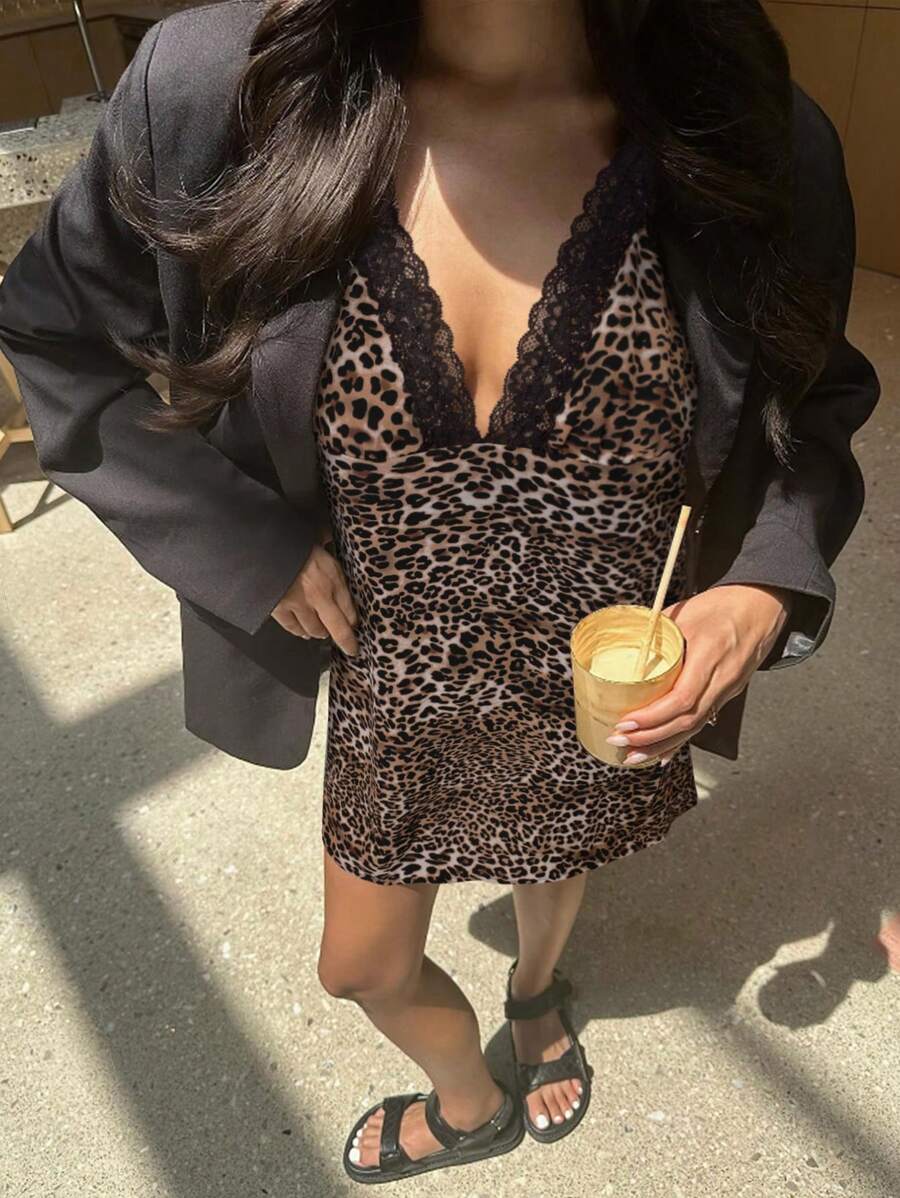 INAWLY Women Contrast Lace Leopard Print Sexy Cami Mini Dress - Multicolor - View 1