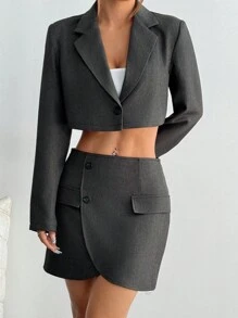 Flirla 1 套春夏休闲纽扣短夹克和开衩下摆裙套装 - 深灰色 - 查看 6