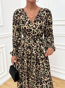 EURMUSE WHITE POLKADOT PRINT LANTERN SLEEVE BELTED LONG DRESS - Green - View 5