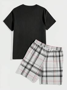 Manfinity RebelGame 2 件套男士圆领熊印花短袖上衣和前系带短裤套装 - 灰色 - 查看 2