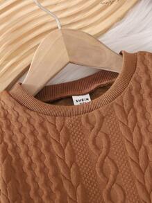 男婴休闲棕色提花针织圆领长袖运动衫，适合居家、休闲和外出、秋冬季 - 棕色 - 查看 5