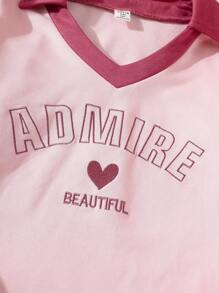 Tween Girl Color Block Sports English Embroidered Shirt And Pants Set - Pink - View 8