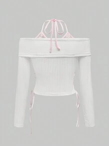 ROMWE Kawaii Cute Romantic Butterfly Embroidery Off Shoulder Form-Fitting Ladies T-Shirt - White - View 2