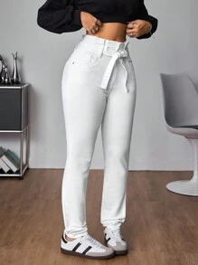 SHEIN Tall Women Casual Elastic Waist Tie Front Pocket Skinny Jeans