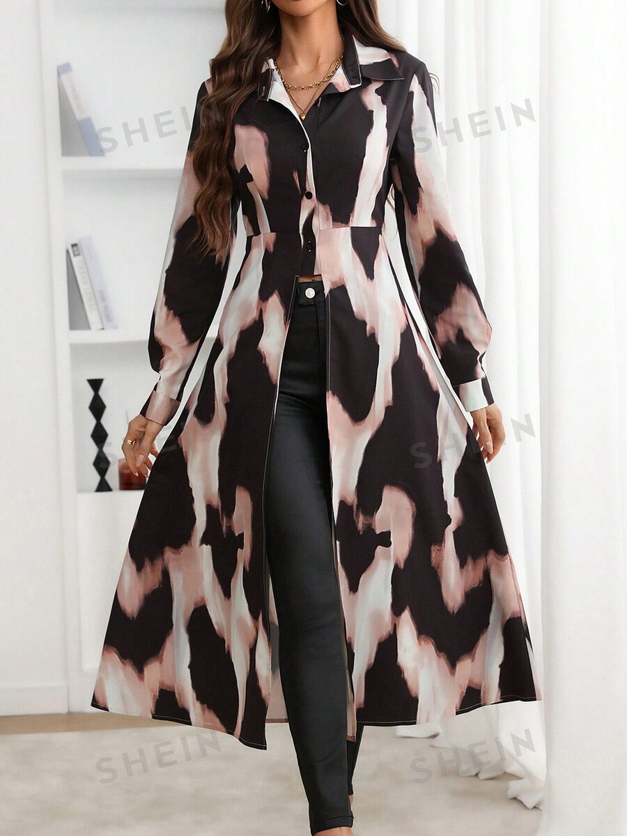 SHEIN Privé Random Leopard Print Front Short Back Long Hem ButtonDown