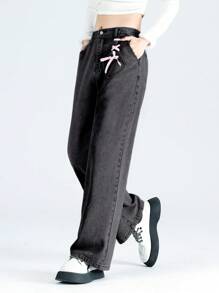 SHEIN Explorewe Teen Girls Cute  Style Pink Ribbon Detail Heart Pocket Wide Leg Denim Pants - Black - View 5