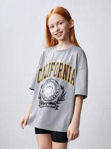 SHEIN Tween Girl 针织纯色字母印花超大 T 恤和紧身裤套装 - 彩色 - 查看 6