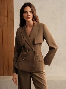 Anewsta 女士简约卡其色链条装饰长袖西装外套