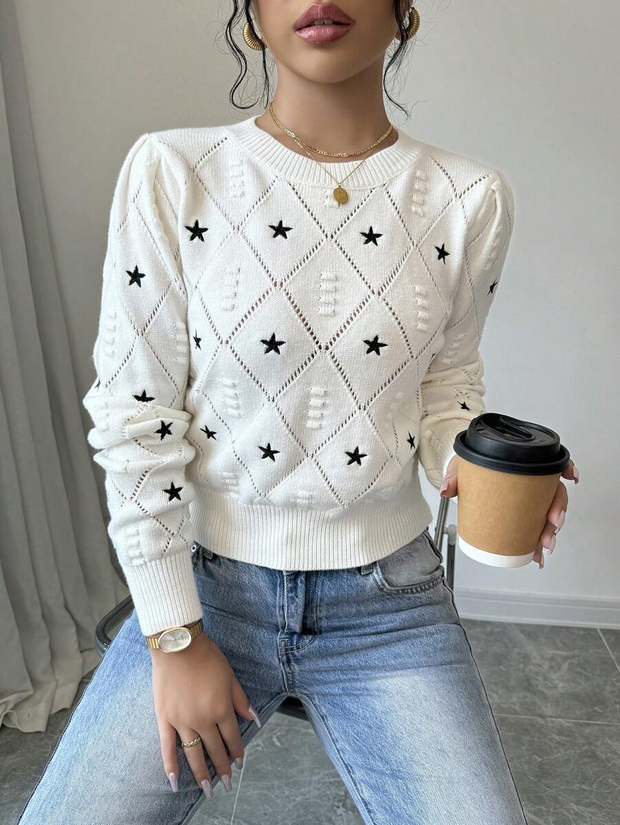 Selianne Women's Casual Star Pattern Sweater, Autumn,Long Sleeve Tops Knit Pullover Fall Winter Outfit - Apricot - View 1