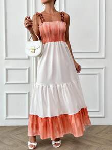 RueChic Women's Contrast Color Ruffled Hem Maxi Casual Dress For Beach