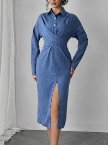 Chiquease Cross-Wrap Split Hem Casual Dress, Spring Autumn - Blue - View 5