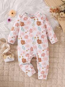 女婴可爱橙色印花简约数码印花长袖连体裤，适合休闲、居家和户外、秋季 - 彩色 - 查看 1