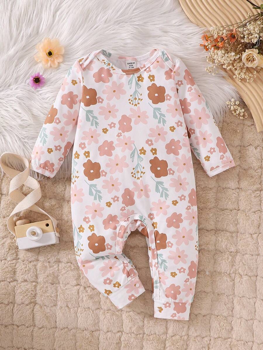 女婴可爱橙色印花简约数码印花长袖连体裤，适合休闲、居家和户外、秋季 - 彩色 - 查看 1