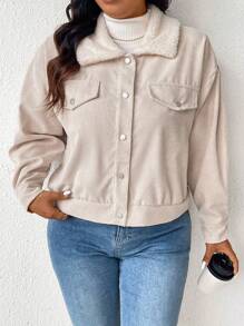 SHEIN Frenchy Plus Size Women's Autumn Winter Color Block Lapel Drop Shoulder Long Sleeve Casual Jacket - Apricot - View 5