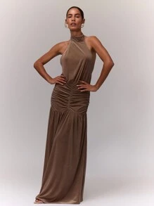 MUSERA Vestido de terciopelo con cuello alto halter, cintura fruncida, elegante para primavera, verano y fiestas
