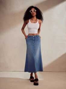 TrendSteals New Autumn/Winter Vintage Washed Denim A-Line Skirt With Front & Back Slit - Blue - View 7