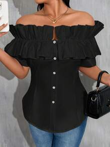 Celure Áo cánh hở vai màu trơn cỡ lớn viền bèo nhún đơn hàng khuy mùa hè - màu đen - Xem 5