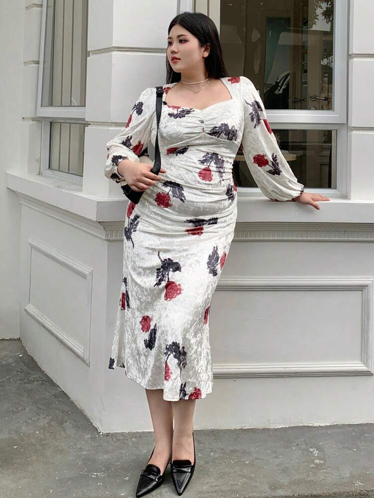 Dazy Petite Plus Plus Size Floral Velvet Bodycon Elegant Dress, Fall Clothes Long Sleeve Dress
