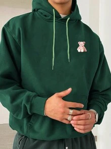 RueChic Cotton Men's Basic Style Bear Print Hoodie - Dark Green - View 1
