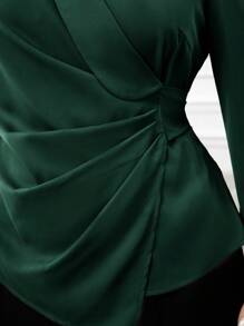 Modelyn Plus Size Women Spring Summer Solid V-Neck Lantern Sleeve Asymmetric Ruched Elegant Office Shirt - Dark Green - View 3