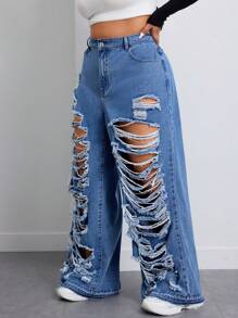 SHEIN ICON 大码女式宽松口袋洗水做旧阔腿男友风牛仔裤 - 中等水洗藍 - 查看 6