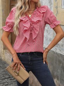 SHEIN LUNE Camicia casual a quadri con scollo a V con volant