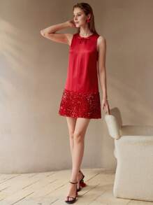 MOTF PREMIUM SOLID BOW DETAIL CONTRAST SEQUIN SHORT DRESS FOR NEW YEAR CLOTHES